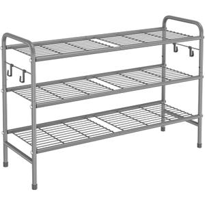 3 Tier Shoe Rack 33" Wide Metal Shoe Organizer Long Shoe Storage with 4 Side Hooks Sturdy Shoes Shelf for Front Door Entrance, Closet, Garage, Dorm, Grey