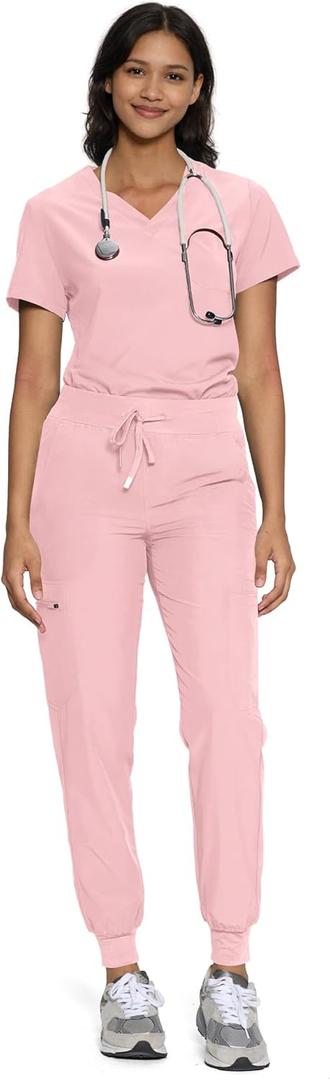 Floralhue Scrubs for Women, Women's Medical Scrub Sets, V-Neck Scrubs Top & Cargo Pants with 12 Pockets (Pink, M)