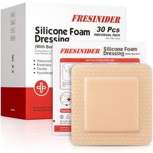 FRESINIDER Silicone Foam Dressing 4" x 4", 30 Pack Soft Silicone Wound Dressing Pads for Bed Sores & Pressure Ulcers, Post-Surgery Care, Absorbent, Breathable & Gentle on Skin