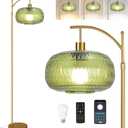 Green Floor Lamp for Living Room,Bedroom,Gold Dimmable Standing Lamp with Remote,Mid Century Modern Brass Tall Lamp Boho Floor Lamps Arc Stained Glass Floor Light Lamp Girls Bohemian