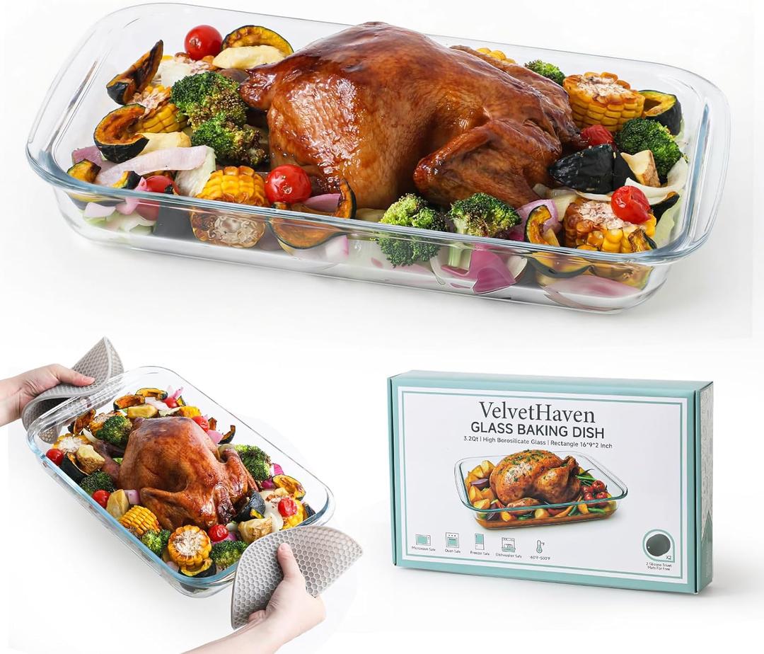 9x16 Borosilicate Glass Baking Dish, 3 Quart Glass Baking Dishes for Oven, Large Glass Cookware with 2 Silicone Mats and Gift Box, Heavy-Duty Casserole Dish for Family Party Cooking