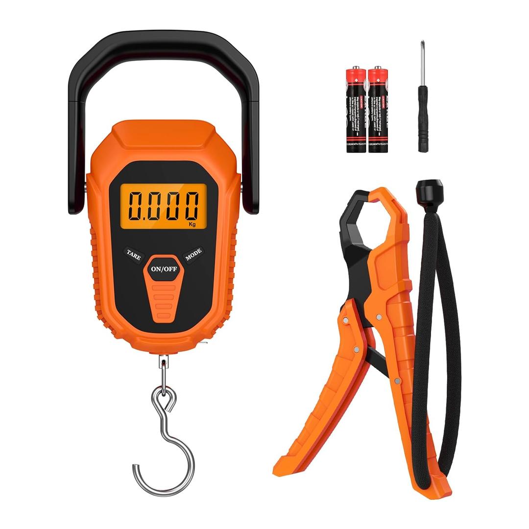 Fish Scale, Waterproof Floating Fishing Scale with Lip Gripper, 110lb/50kg Hanging Digital Fish Digital Scale, Floating with LCD Backlit, Tape Measure for Fishing Hunting, Batteries Included (Orange)