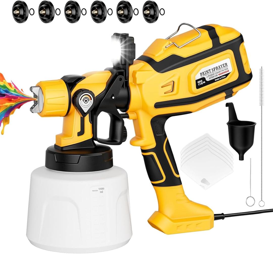 Paint Sprayer for House Painting, Paint Sprayer with Easy to Clean Design, 6 Brass Nozzles & LED Light, Easy to Clean for House, Fence, Garden, Furniture
