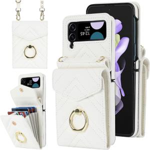Asuwish Phone Case for Samsung Galaxy Z Flip 3 5G 2021 Wallet Cover with RFID Blocking Ring Crossbody Wrist Strap Stand Card Holder Leather Slot Cell Accessories ZFlip3 Z3 Flip3 3Z Women Men Off White