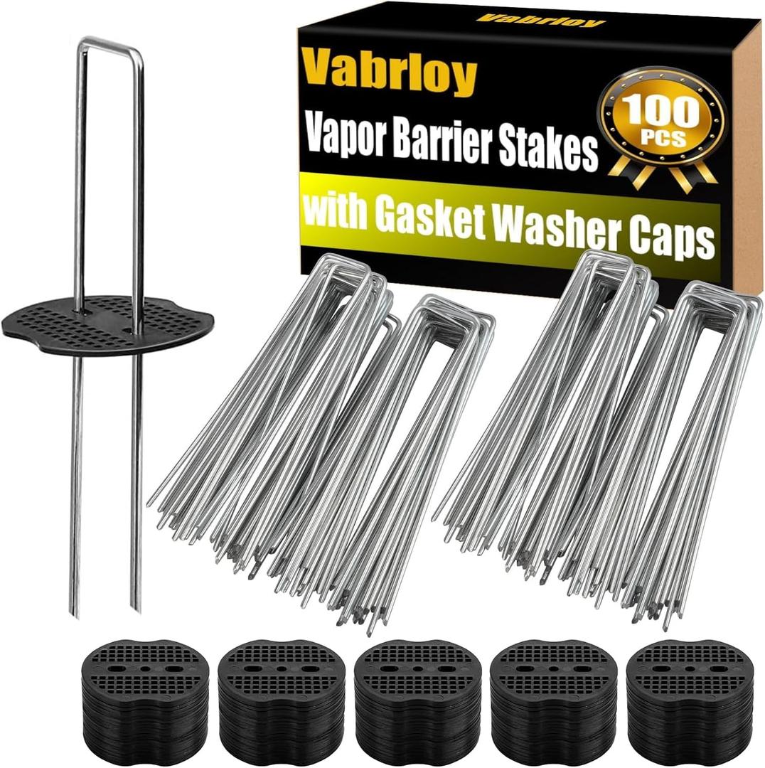 100 Pack Landscape Staples with Gasket Caps, 6 Inch Garden Stakes, U-Shaped Pins for Tube, Lawn Fence Pins for Landscape Fabrics Irrigation Tubing and Weed Barriers