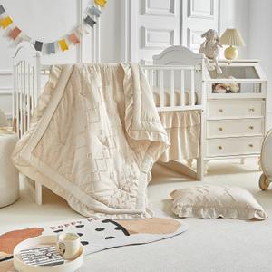 AIKASY The Ruffled Shabby Crib Bedding Set for Girls, Baby Quilted Comforter with Fitted Sheet, Bed Skirt, and Pillowcase. (Khaki) AIKASY The Ruffled Shabby Crib Bedding Set for Girls, Baby Quilted Comforter with Fitted Sheet, Bed Skirt, and Pillowcase. (Khaki)