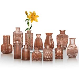 KUAGUINZUHE 12 Pcs Glass Bud Vase Set, Small Amber Vintage Flower Vases for Wedding Centerpieces in Bulk, Mini Embossed Vases for Home Table Decor, Party, Baby Shower Decorations