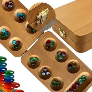 Mancala Board Game, Mancala Board with Metallic Gold Lock Classic 2-Player Folding Strategy Game, Traditional Mancala for Adults Wooden - Birthday Present