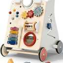 Detachable Baby Walker for Toddlers 1 Year Old Wooden Montessori Busy Board Adjustable Speed Push & Pull Walker Activity Learning to Walk Center Toy for Boys Girls 6-12 Months Baby Toys Birthday Gifts