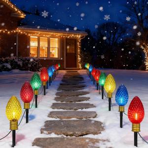 Abeja C9 Christmas Multicolor Pathway Lights, 14Ft Outdoor Pathway Markers Lights with 8 Jumbo C9 LED Multicolor Bulbs, Connectable Christmas Walkway Light for Driveway Yard Garden Decor-2 Sets