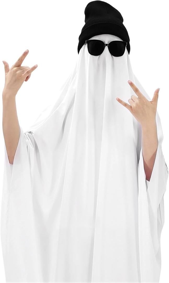 1 Pcs Halloween Adult Hip Hop Ghost Costume Set White Cloak Black Sunglasses Hat Necklace Fancy Ghost Dress Cosplay (Large)