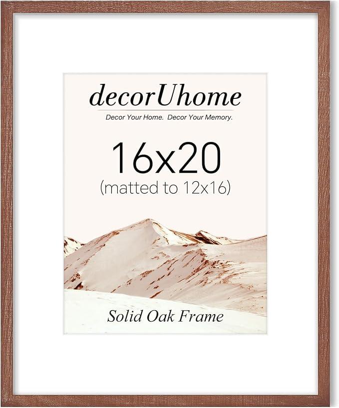 decorUhome Solid Oak Wood 16x20 Picture Frame Brown | Matted to 11x14 Pictures with High Definition Plexiglass Cover For Wall Mounting Photo Frame