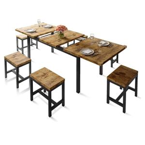 Farmhouse Dining Table Set, 63-inch extendable Dining Table with 2 Benches and 2 stools, Metal and Wood Brackets Suitable for Kitchens and Restaurants(Brown,7-Piece(6 Stools))