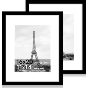 iRahmen 16x20 Picture Frame Set of 2 with Plexiglass, Black Poster Frame Display 11x14 Picture with Mat or 16 x 20 Without Mat, Wood Photo Frame for Horizontal or Vertical Wall Mounting