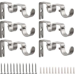 Double Curtain Rod Bracket,6 Pack Metal Curtain Rod Holders for Wall,Sturdy Curtain Rod Brackets for 1 Inch Curtain Rod,Silver Wall Mounted Curtain Rod Hooks for Bedroom Living Room Patio