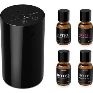 Airversa Waterless Essential Oil Diffuser Starter Kit with 4 x 10mL Hotel Scent Fragrance Oil, Battery Operated Mini Scent Air Machine Portable Diffuser for Home Car Office, AN8 Kit Black
