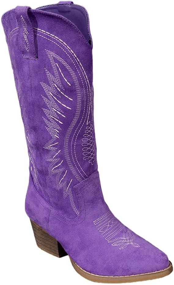 Women's Western Cowboy Boots - Embroidered Ankle Booties with Chunky Block Heel, Side Zipper Suede Cowgirl Boots for Country Concert (6, Purple)