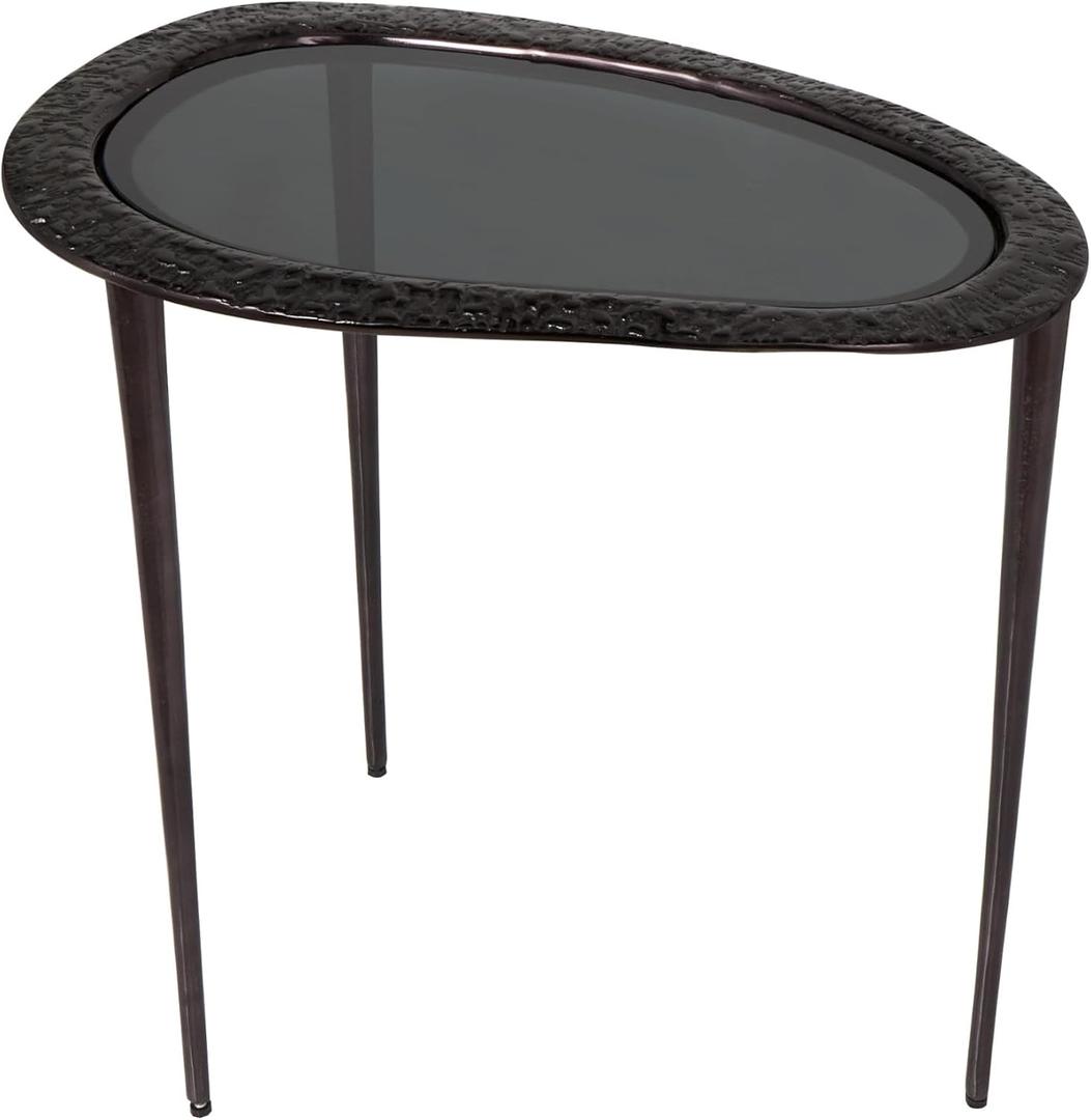 Deco 79 Aluminum Metal Side End Accent Table Abstract Oval Shaped End Table with Shaded Glass Top and Detailed Engravings, Side Table 23" x 15" x 23", Black