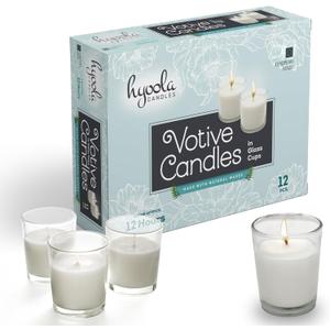 Hyoola White Votive Candles in Glass - Pack of 12 Votive Candle - 12 Hour Burn Time - Unscented Votive Candles - European Made Glass Votives