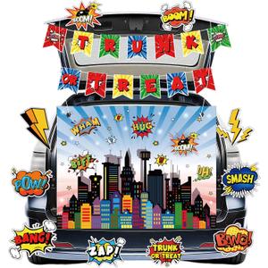 Halloween Trunk or Treat Car Decorations Kit - 13Pcs Hero Theme Backdrop & Cutouts for Kids Hero Birthday Party, SUV Trunk Wall Decor for Halloween Outdoor
