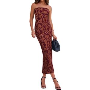 BTFBM Women Spring Dresses 2025 Elegant Wedding Guest Dresses Bodycon Tube Maxi Dress Split Floral Cocktail Dress (XXL)