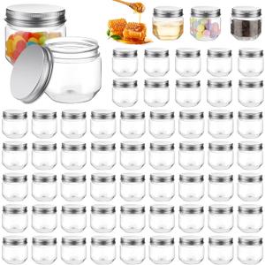 Tanlade 60 Pcs 3 oz Clear Plastic Jars with Lids Wide Mouth Mason Jars Mini Storage Containers Bulk for Herb Jelly Wedding Valentine Favors Shower Party Favors(Silver)