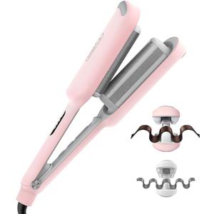 Curling Iron Hair Crimper Waver - TYMO ROVY Beach Waves Curling Wand, Ionic Deep Waver Hair Curler Tool with Ceramic 3 Barrel for Women, Dual Voltage, Anti-Scald, Easy to Use, Pink, 1.25 Inch