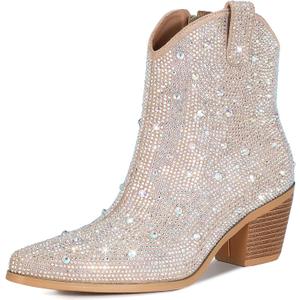 FIFSY Women Rhinestone Cowboy Boots Glitter Chunky Heel Sparkly Cowgirl Ankle Boots…,8.5 (Pink)