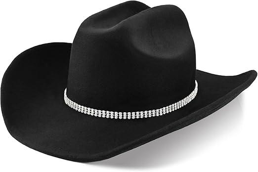 100% Wool Western Cowboy Hat for Men Women Classic Fedora Hat Felt Cowgirls Hats with Two Decorative Bands, Black-d
