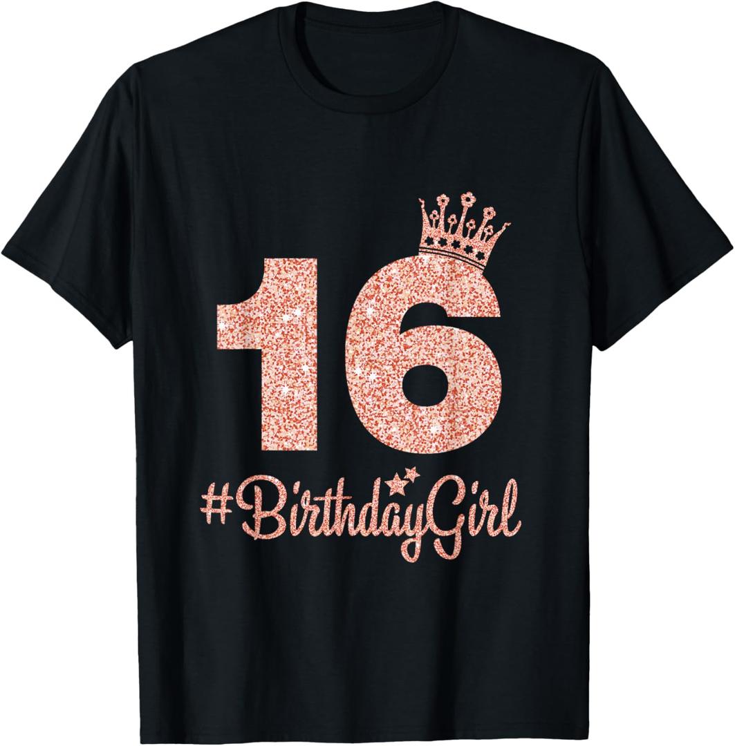 16#BirthdayGirl Sweet Sixteen 16th Pink Crown Tee for Girls T-Shirt XL