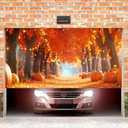 13x6ft Autumn Forest Garage Door Banner Fall Pumpkin Path Harvest Backdrop for Thanksgiving Halloween Outdoor Indoor Decor Seasonal Party Decorations Photo Background Wall Display