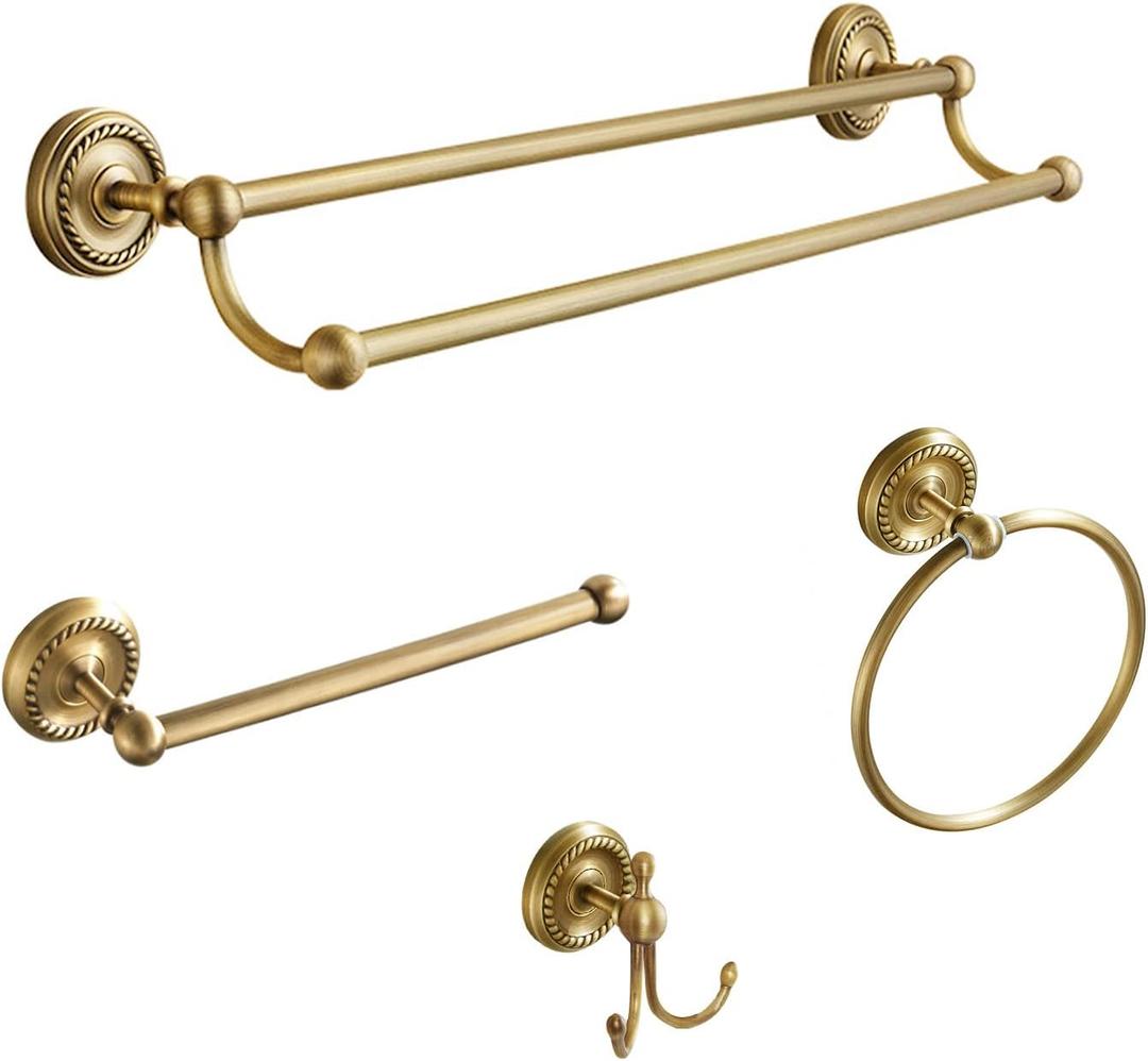 4 Piece Antique Brass Gold Bathroom Accessories Set - 24 Towel Holder, Antique Bar Brass Bath Accessories - Wall Mounted Bathroom Hardware Accessory Set