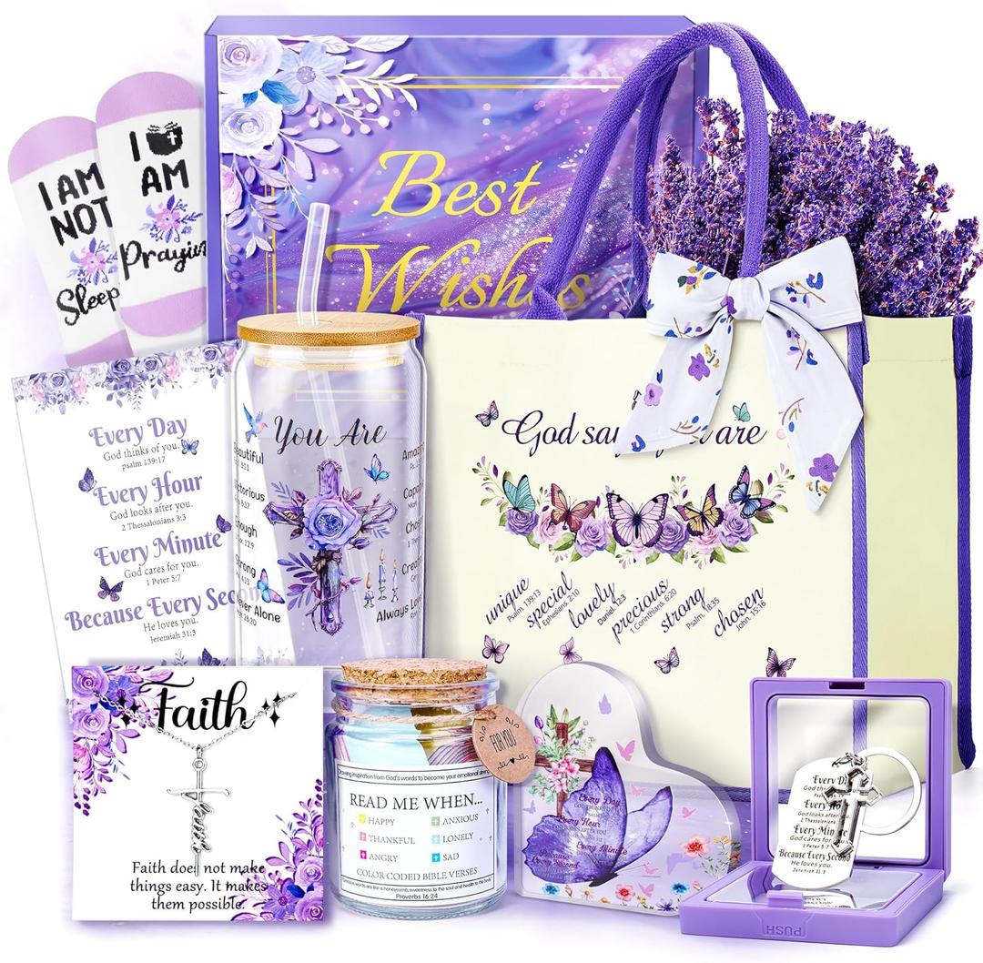 13PCS Birthday Gifts for Women,Christian Gifts for Women Faith,Self Care Package Get Well Soon Baskets,Lavender Relaxing Spa Care Package,Birthday Mothers Day Baskets for Her Mom Friend Sister Wife