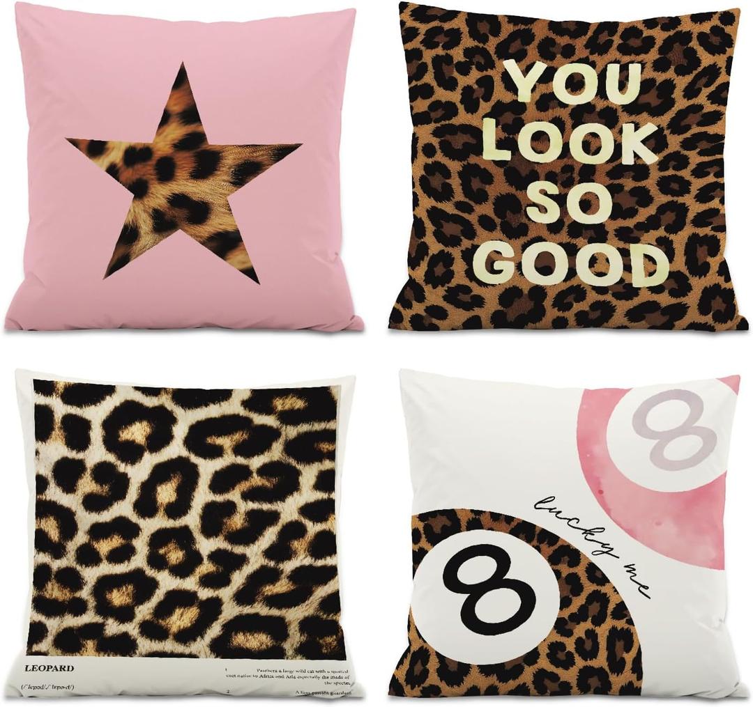 Preppy Room Decorative Pillow Covers,Leopard Cheetah Lucky 8 Balls Throw Pillow Covers Decorations for Women Teen Girl Room Sofa Couch,18x18 Inch Pillowcase Set of 4