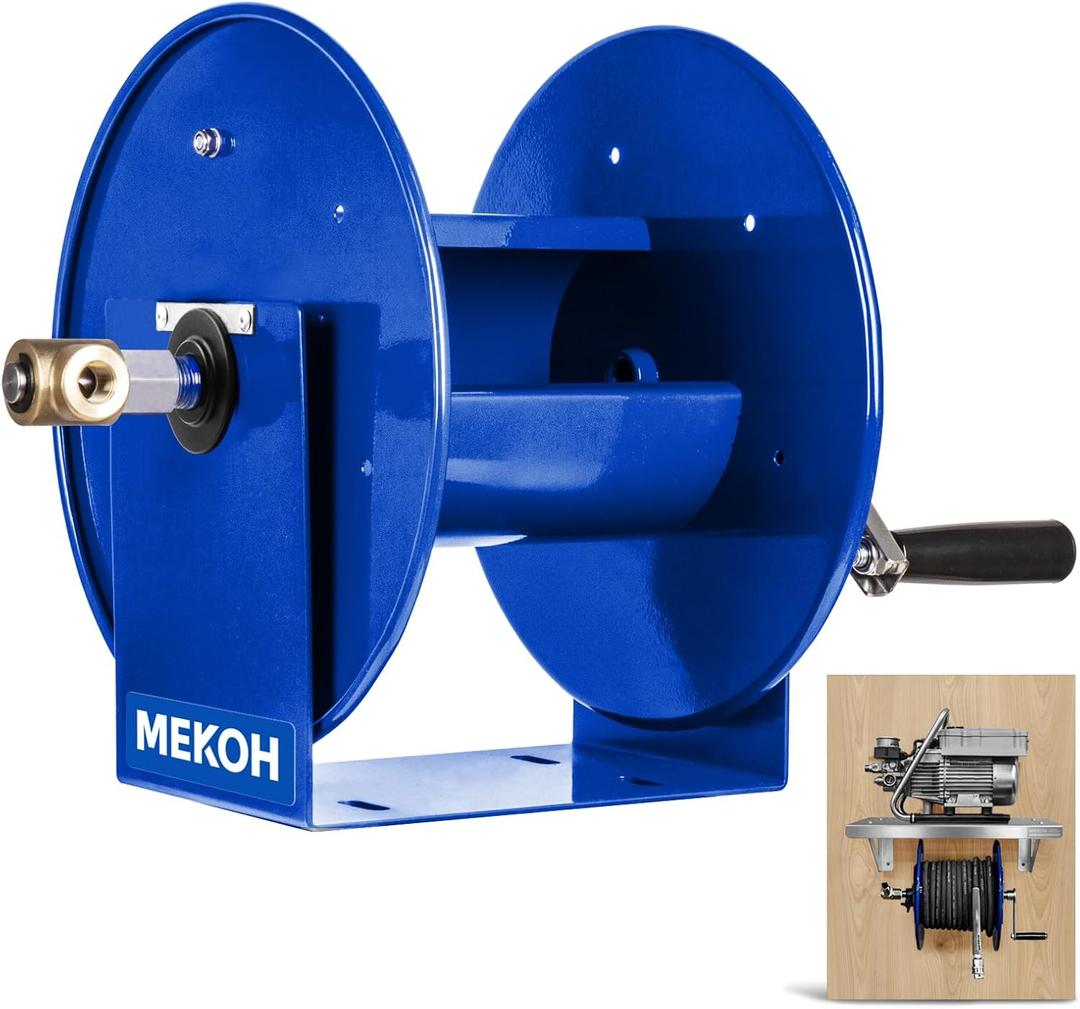 MEKOH Pressure Washer Hose Reel 100FTx3/ 8”, 200FTx1/ 4” Manual Power Washer Hose Reel with M22 14mm Fitting, 4500PSI Heavy Duty Hose Reel for Water, High Pressure Metal Reel with Wall/ Van/ Trailer Mount
