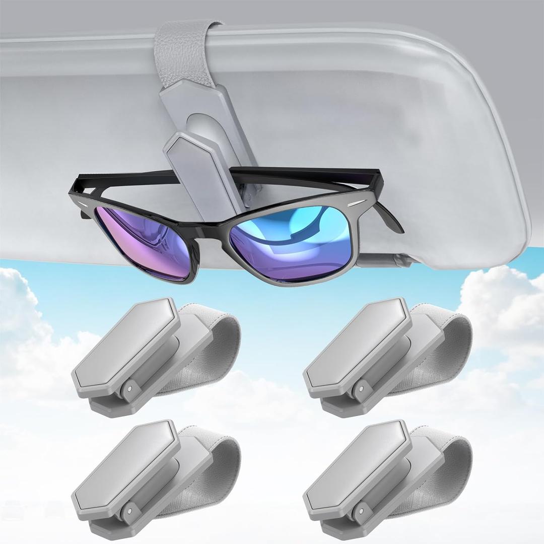 Veharvim Sunglass Holder for Car (One-Handed-Operation, Gentle & Secure Hold, Silicone Padded, Universal Fit, Metal Clip) Visor Sunglass Holder Clip,Visor Sunglass Car (Grey, 4 Pack)