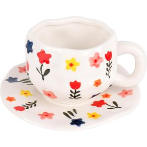 Floral Ceramic Coffee Mug with Saucer - 10oz Chunky Handle Tea Cup, Cute Irregular Pinch Pottery for Latte Cappuccino (White/Colorful Flowers)