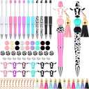 Tinlade 12 Pieces Beadable Pens Bulk with 50 Pcs Assorted Colors Beads Pens DIY Making Kit Multicolor Ballpoint Black Ink for Women Office(Cow Style)