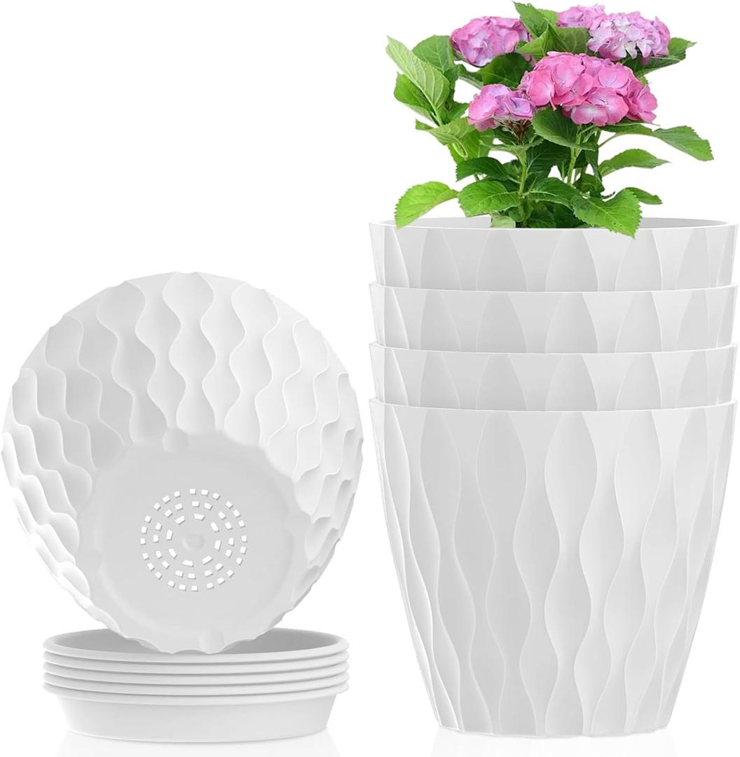 4 inch Small Plastic Nursery Pots, Seedling Pots, 5 Pack Water Ripples Plant Pots for Indoor Plants, Flower Pots with Drainage Holes and Saucers, Seed Starter Pots for Succulent Plants, White (4 in 5pcs)