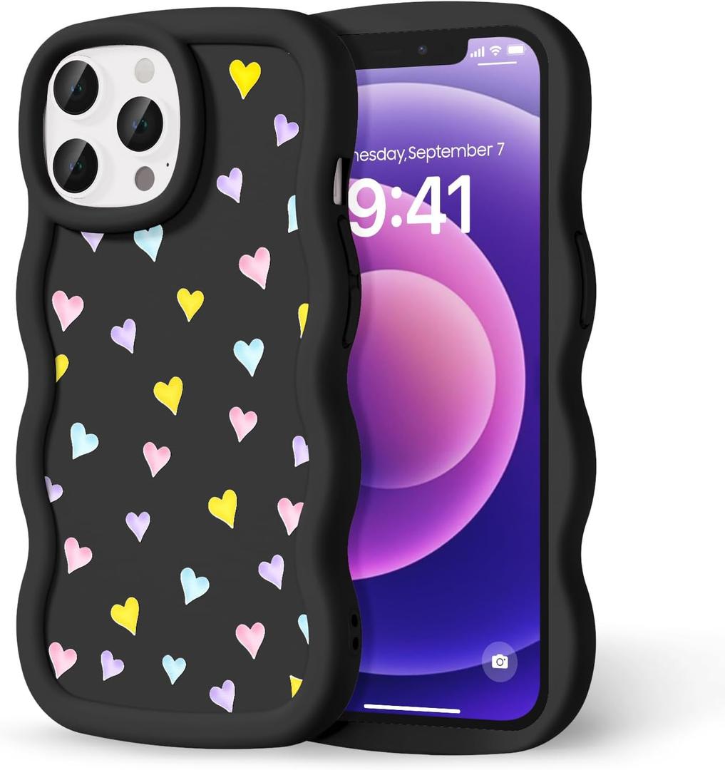 Compatible with iPhone 12 Pro Max Case for Women Girls, Curly Wavy Frame with Cute Pattern, Aesthetic Slim Soft Silicone TPU Bumper Shockproof Phone Case for iPhone 12 Pro Max - Color Heart