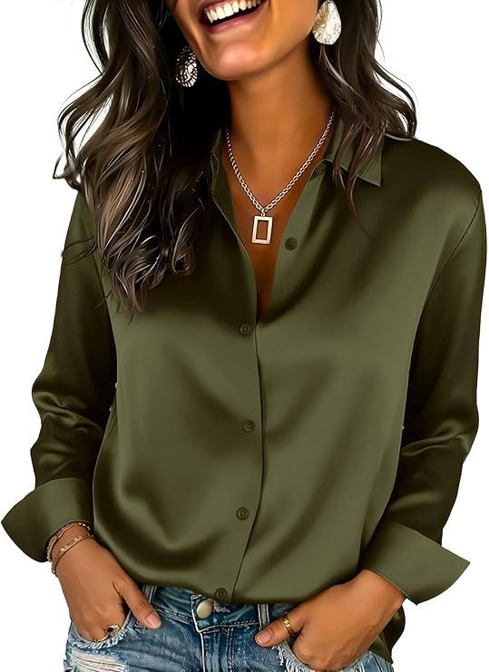 Womens Satin Silk Button Down Shirts Long Sleeve Blouse Casual Work Office Tops XS 