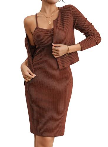 Sovoyontee Women's Fall 2 Piece Outfits Knit Long Sleeve Cropped Cardigan Pullover Sweater Bodycon Midi Dress Sets Coffee Medium