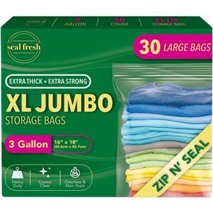 3 Gallon Large Plastic Storage Bags  16" x 18" (30 Count)  Reusuable XXL Extra Large Heavy Duty Clear Jumbo Freezer Zip Bags with Sealable Zipper Top For Clothes, Travel, Moving