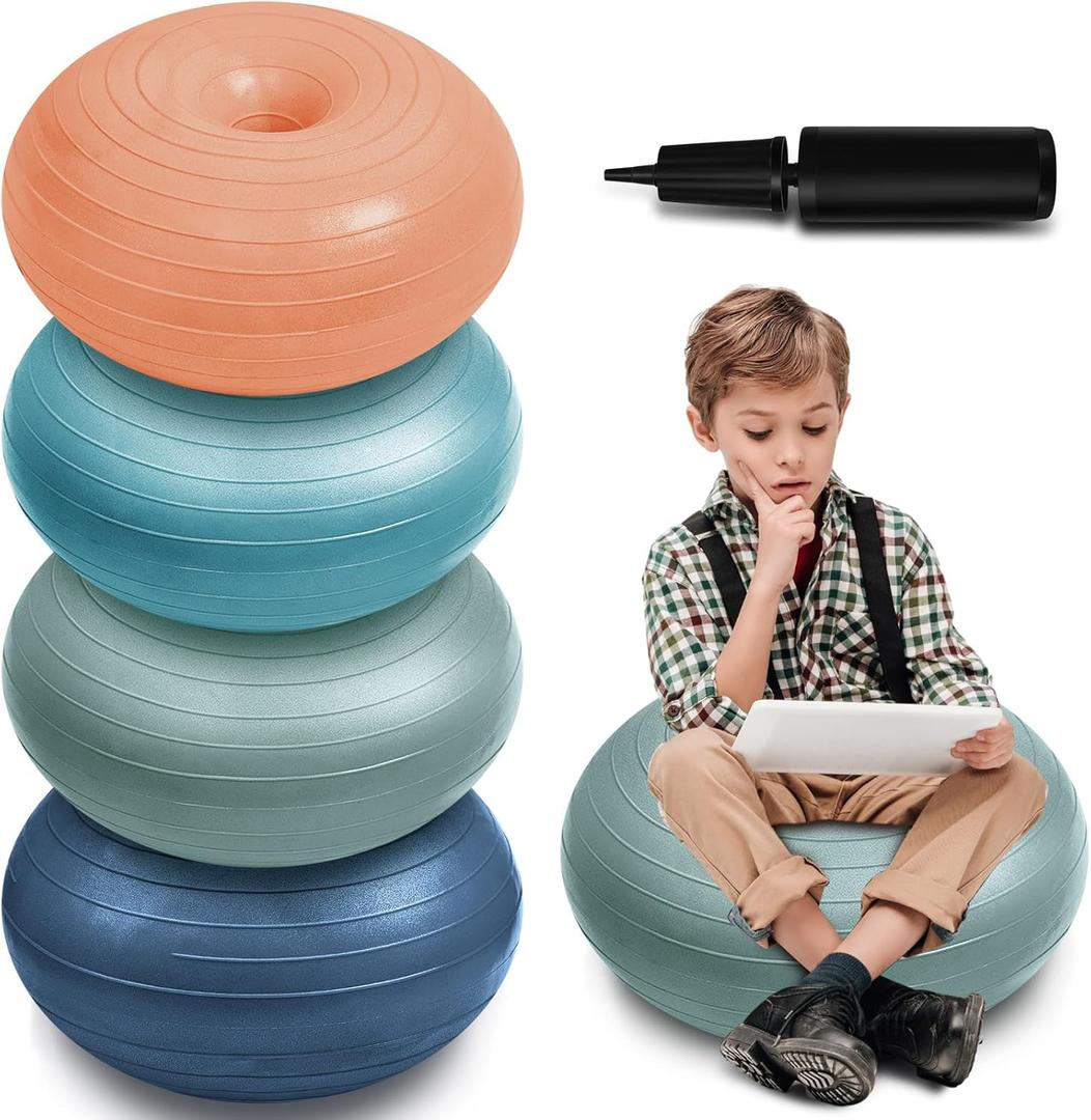 Lewtemi 4 Pcs Flexible Seating for Classroom Elementary 20 Inch Yoga Ball Chair Inflatable Donut Ball Chair with Inflator for Kids Student Sensory Balance Office Exercise (Morandi Color)