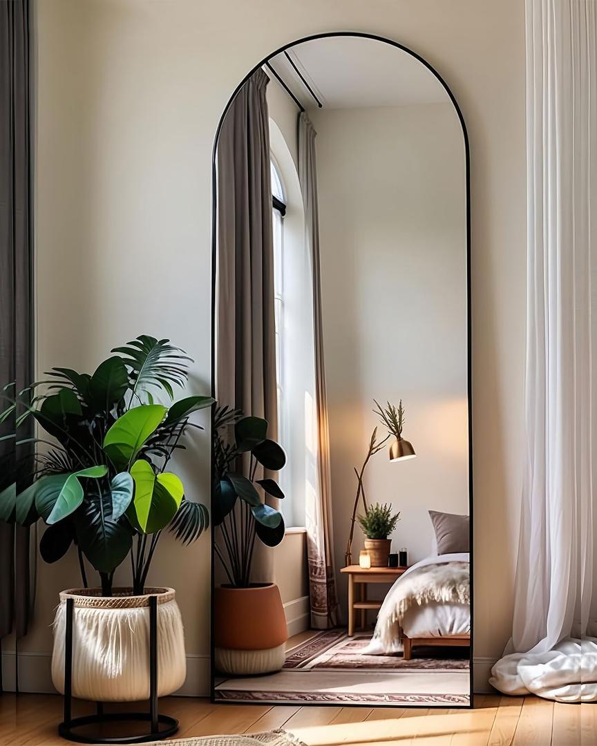 58"x18" Arched Full Length Mirror - Black Freestanding Floor Mirror for Bedroom, Living Room, Dressing Room - Elegant Arch Design, Wall Mount or Standing, Lightweight & Shatterproof