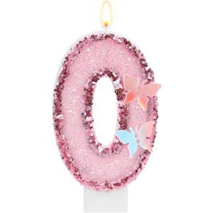 Pink Butterfly Number 0 Birthday Candle, Glitter Sequins Candle Cake Topper, Cupcake Decorations for Anniversary Celebrations Party Supplies