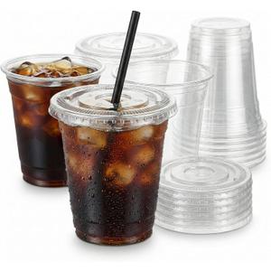 100 Pack - 10 oz Clear Plastic Cups with Lids and Straws,Sturdy Food Safe Plastic Iced Coffee cups for cold water,iced coffee,smoothies,milkshakes,icecream cold drinks to go (10, Fluid Ounces)