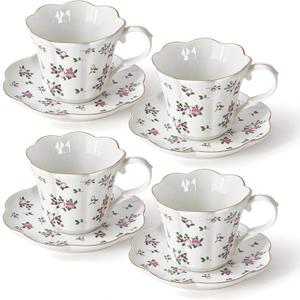 Floral Tea Cups and Saucers, 6oz Ceramic Teacup Set of 4, Elegant Scalloped Edge Coffee Cups for Latte, Cappuccino, Espresso, Rose Tea Cups for Tea Parties, Women Gifts for Mother's Day, Spring Decor