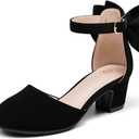 Haloumoning Girls Dress Shoes Flower Girl Chunky Low Heels Closed Toe Bow Pumps Wedding Party Shoes, Size 