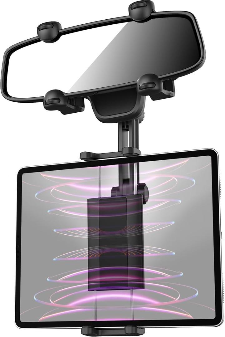 Car Tablet Mount - Rear View Mirror Clamp, Retractable Vehicle Mirror Mount for iPad Pro 12.9 Mini Air, Galaxy Tab/Z Fold, iPhone, 4-13" Devices